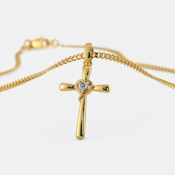 18k Yellow Gold & Diamond Heart with Cross Pendant for Women
