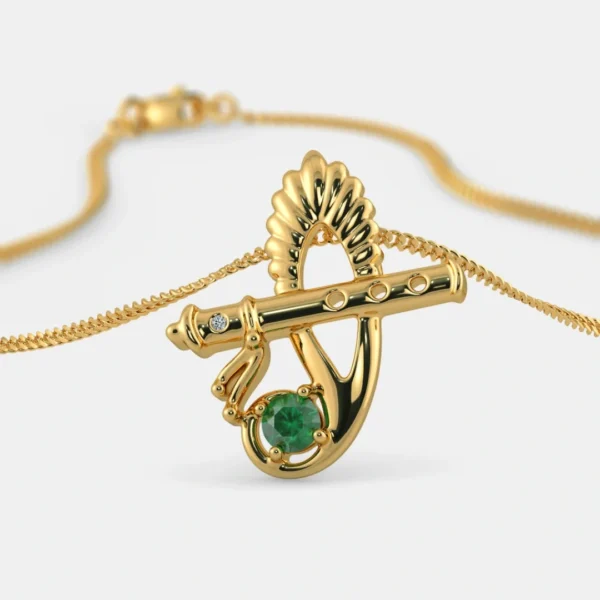 Krishna Flute & Morpankh Pendant in Gold, Emerald & Diamond for Men & Women