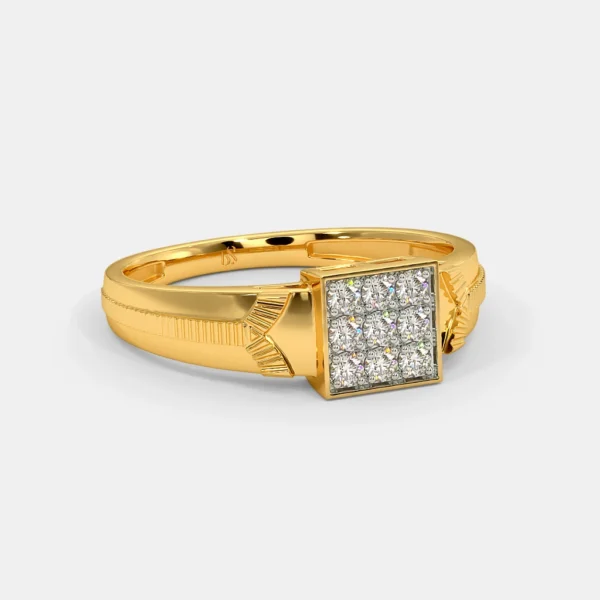 Ornate Golden Male Ring with Sparkling Square Lab Diamond Cluster