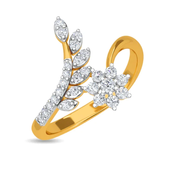 Gold Blooming Flower Slender Leaves Lab Diamond Ring for Engagement